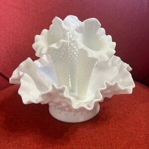 Vintage Fenton Hobnail Milk Glass Epergne: 1950s Ruffled Trumpet Vase